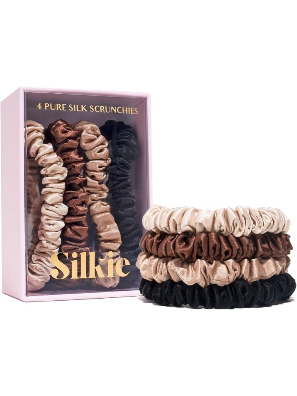 4-Pack 100% Pure Mulberry Silk Scrunchies - No Damage Hair Ties & Travel Pouch